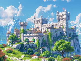Castles upgraded with future tech ancient stone walls equipped with energy shields and laser turrets - obrazy, fototapety, plakaty