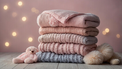 Stacked knitwear in soft colors with a plush toy on top, invoking a warm, comforting atmosphere