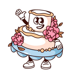 Groovy wedding cake cartoon character greeting with hand up and smile. Funny retro dessert with layers of cream waving, wedding celebration mascot, cartoon sticker of 70s 80s style vector illustration
