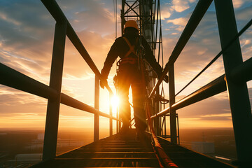 Power Plant Worker Descending from a Tower in Backlight - obrazy, fototapety, plakaty