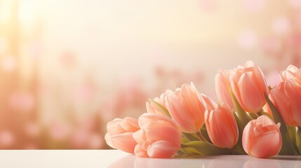 Colorful tulips on blurred background with copy space - spring blooms, garden concept