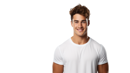 Young man in stylish white t-shirt on trasnparent background.