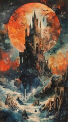 Contemporary watercolor castle set in a nebula inspired landscape with phoenix and salamander elements