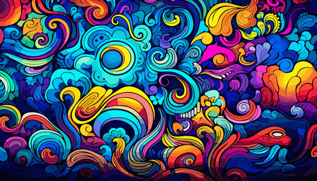 abstract colorful doodle art design, vivid dreamscape pattern seamless background texture vector