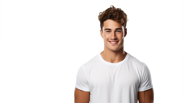 Young man in stylish white t-shirt on trasnparent background.