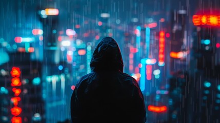 Cyber Crime in a futuristic metropolis neon lit and data driven where hackers rule the digital underworld