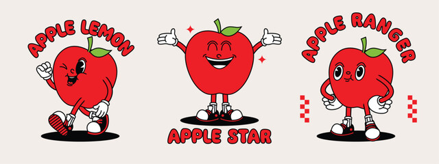 Apple retro mascot with hand and foot. Fruit Retro cartoon stickers with funny comic characters and gloved hands.