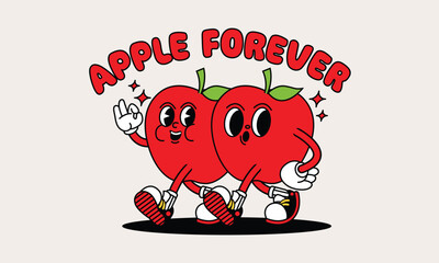 Apple retro mascot with hand and foot. Fruit Retro cartoon stickers with funny comic characters and gloved hands.