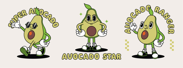 Avocado retro mascot with hand and foot. Fruit Retro cartoon stickers with funny comic characters and gloved hands.