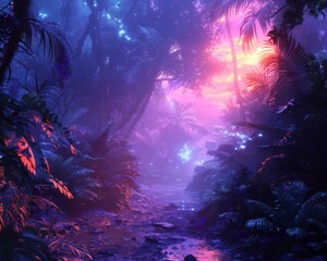 Dark forests transformed into neon lit jungles an eerie blend of nature and advanced luminescent technology