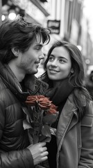 On Valentine's Day, a young woman and a young man on the street with bouquet  red roses