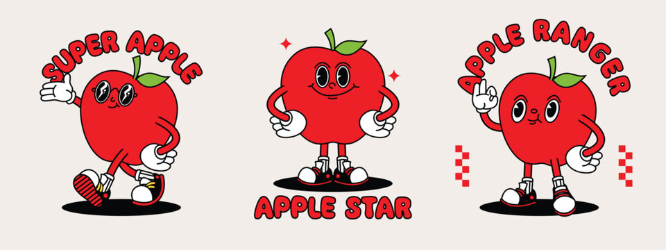 Apple retro mascot with hand and foot. Fruit Retro cartoon stickers with funny comic characters and gloved hands.