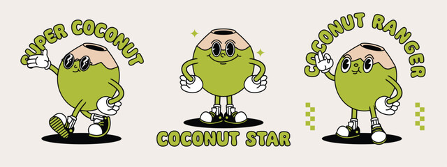Young Coconut retro mascot with hand and foot. Fruit Retro cartoon stickers with funny comic characters and gloved hands.