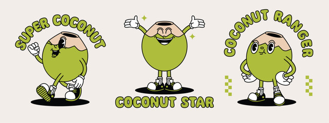 Young Coconut retro mascot with hand and foot. Fruit Retro cartoon stickers with funny comic characters and gloved hands.