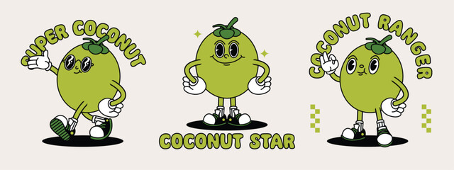 Young Coconut retro mascot with hand and foot. Fruit Retro cartoon stickers with funny comic characters and gloved hands.