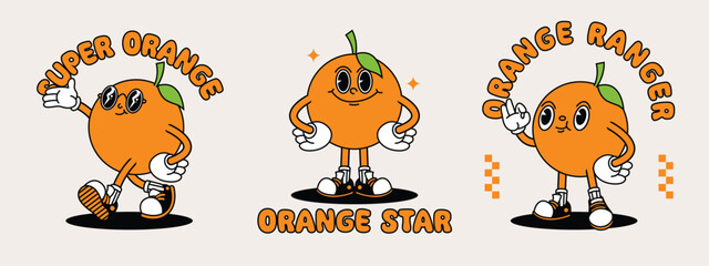 Orange retro mascot with hand and foot. Fruit Retro cartoon stickers with funny comic characters and gloved hands.