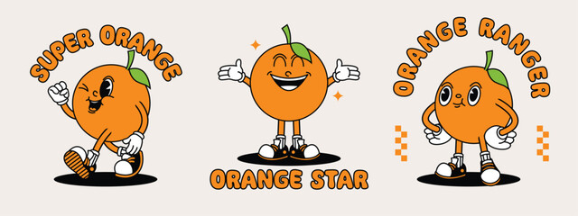 Orange retro mascot with hand and foot. Fruit Retro cartoon stickers with funny comic characters and gloved hands.