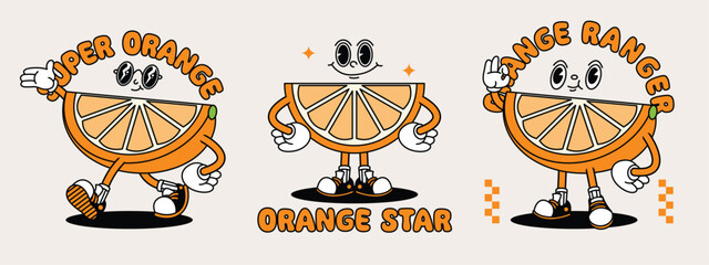 Orange retro mascot with hand and foot. Fruit Retro cartoon stickers with funny comic characters and gloved hands.