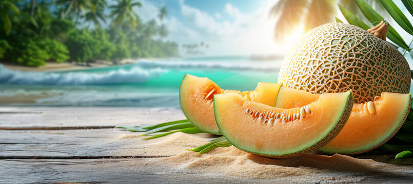Slice melon on the tropical beach background, concept of sweet fruits and summer holidays