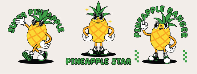 Pineapple retro mascot with hand and foot. Fruit Retro cartoon stickers with funny comic characters and gloved hands.