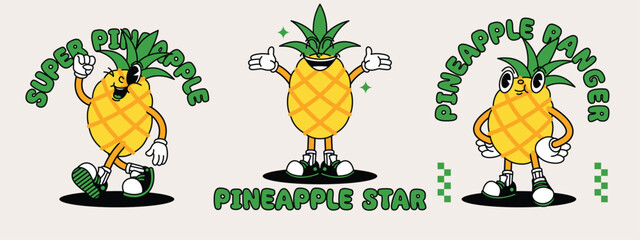 Pineapple retro mascot with hand and foot. Fruit Retro cartoon stickers with funny comic characters and gloved hands.