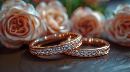 ring bands lying on a table with whire roses