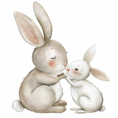 Watercolor cartoon illustration of a charming rabbit and her bunny, isolated on a white background 