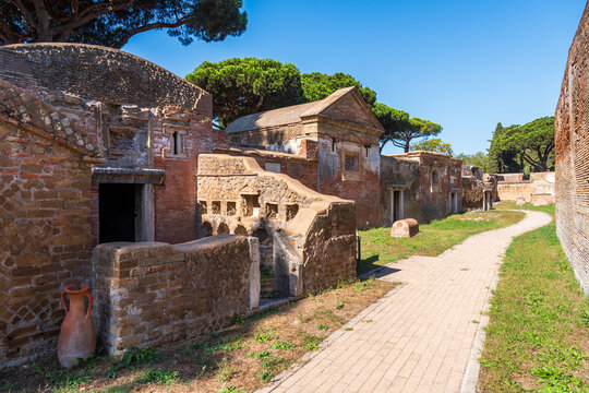 View of street of ancient roman necropolis at Fiumicino´s archeological site in Italy