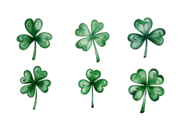 Set of clover leaves, St Patrick's day, isolated on transparent background.