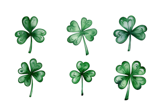 Set of clover leaves, St Patrick's day, isolated on transparent background.