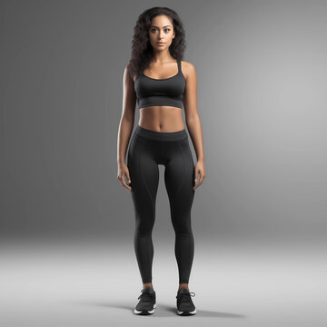 Black woman in  Black lycra leggings and tank top workout gear 3D Illustration light grey background.