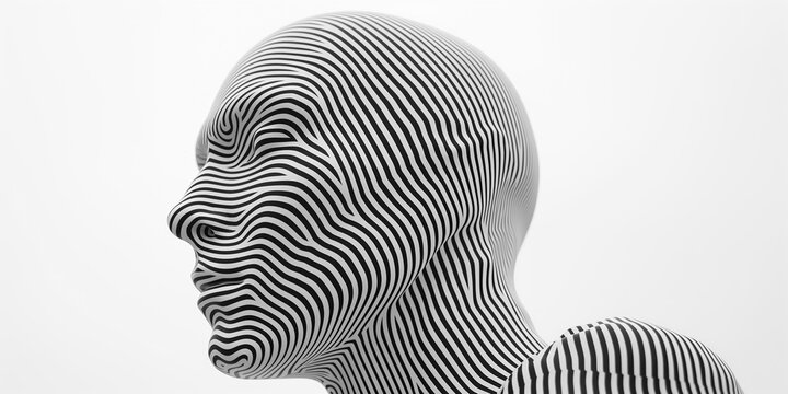 Black and white wavy outlines 3D illustration topographic face creating contour lines forming a face. Generative AI