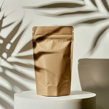 brown paper pouch unbranded product shot isolated on white studio background template with palm frond shadows