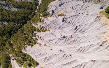 Aerial photography by drone of the rock formations, the Demoiselles Coiffées in Serre-Ponçon and...