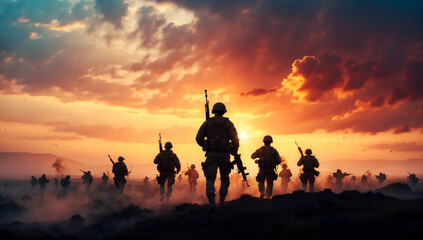 A soldiers platoon at sunset