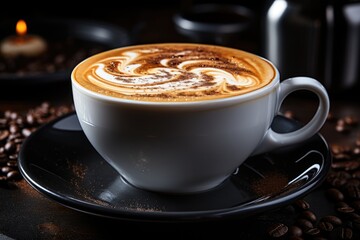 Cappuccino. coffee with milk. on a black wooden background. View of the top. Free , generative IA