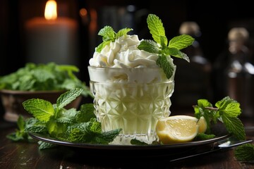Closeup Shot of a drink with whipped cream and mint sheet, generative IA