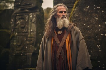 
Middle-aged Druid priest holding a ceremony amidst the ancient stones of a mystical Irish ruin
