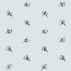 watercolor vintage blue beige birds with floral element seamless pattern