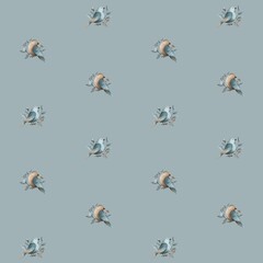 watercolor vintage blue beige birds with floral element seamless pattern