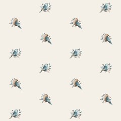 watercolor vintage blue beige birds with floral element seamless pattern