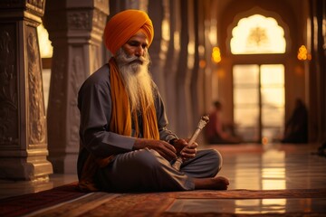 
Middle-aged Sikh granthi reciting hymns inside the Golden Temple in Amritsar, India