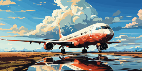 airplanes on the runway with bright sky and good weather vector flat bright color