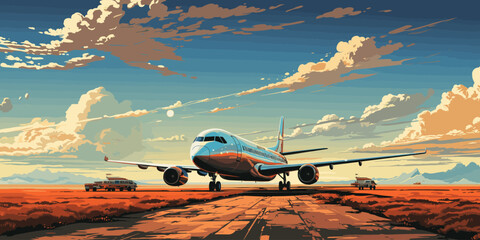 airplanes on the runway with bright sky and good weather vector flat bright color - obrazy, fototapety, plakaty
