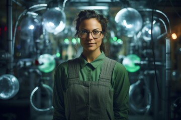 
Portrait photograph of a female physicist in her late 30s, standing in a physics laboratory, conducting experiments with advanced equipment - obrazy, fototapety, plakaty
