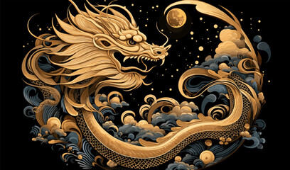 Ancient Asian traditional animal. Chinese New Year zodiac sign, bright gold dragon and moon silhouettes on black background, 2024 Horoscope, decor elements. Vector illustrations.