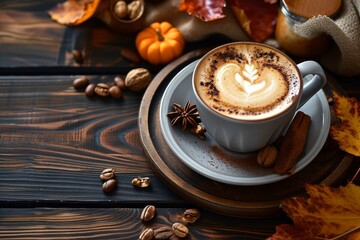 ラテアートコーヒーと木の実 秋のイメージ, Generative AI