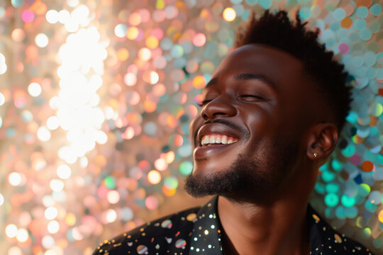 Exited black gay man with sparkling glitter make-up on the sparkling background