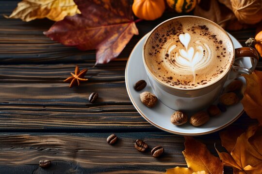 ラテアートコーヒーと木の実 秋のイメージ, Generative AI