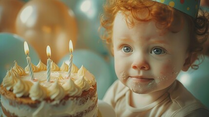 Fototapeta premium baby celebrating a birthday, wearing a party hat, surrounded by balloons and a birthday cake with one candle